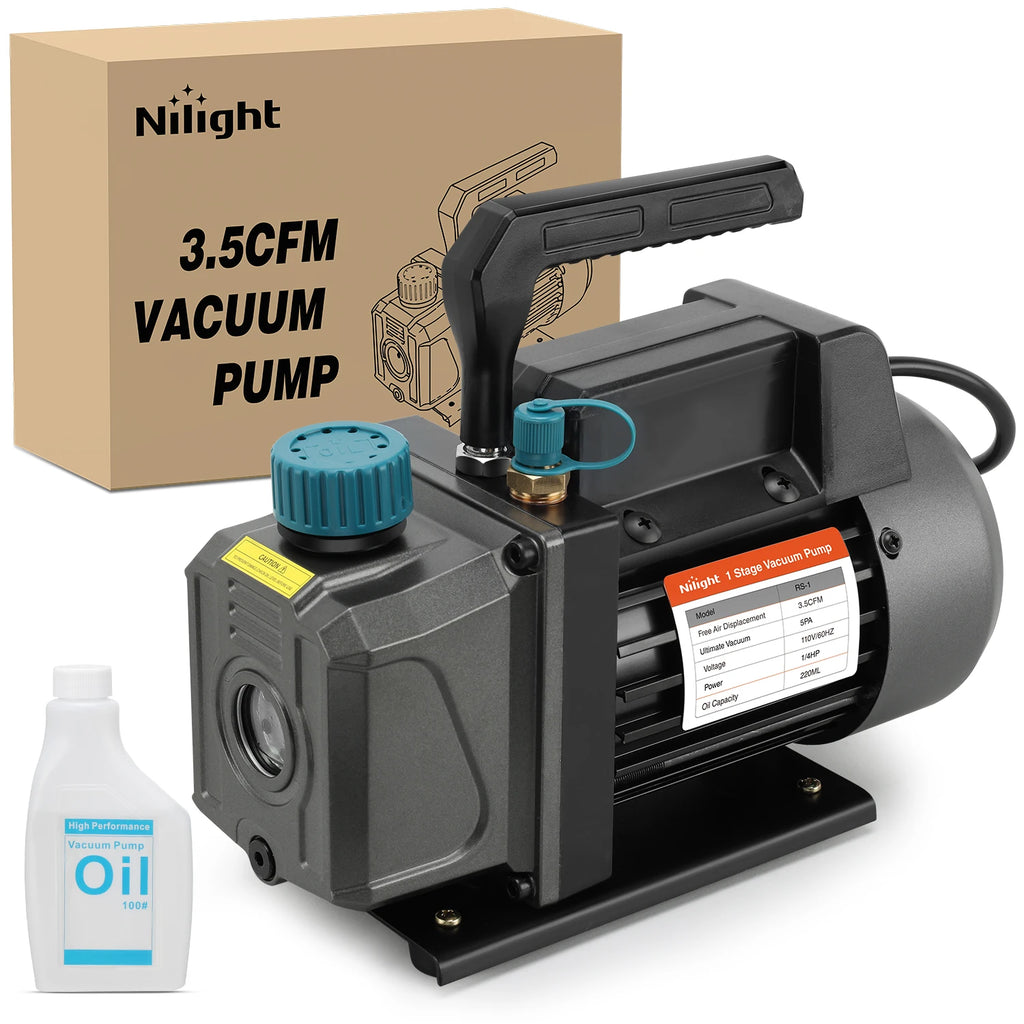 Nilight HVAC Vacuum Pump, 3.5 CFM 1/4 HP 110V Single Stage AC Vacuum Pumps Kit for R22 R404a R134a R410a 5 Pa Ultimate Vacuum for Auto Air Conditioning Servicing Refrigerant Recharging, Oil Included Vue black United States