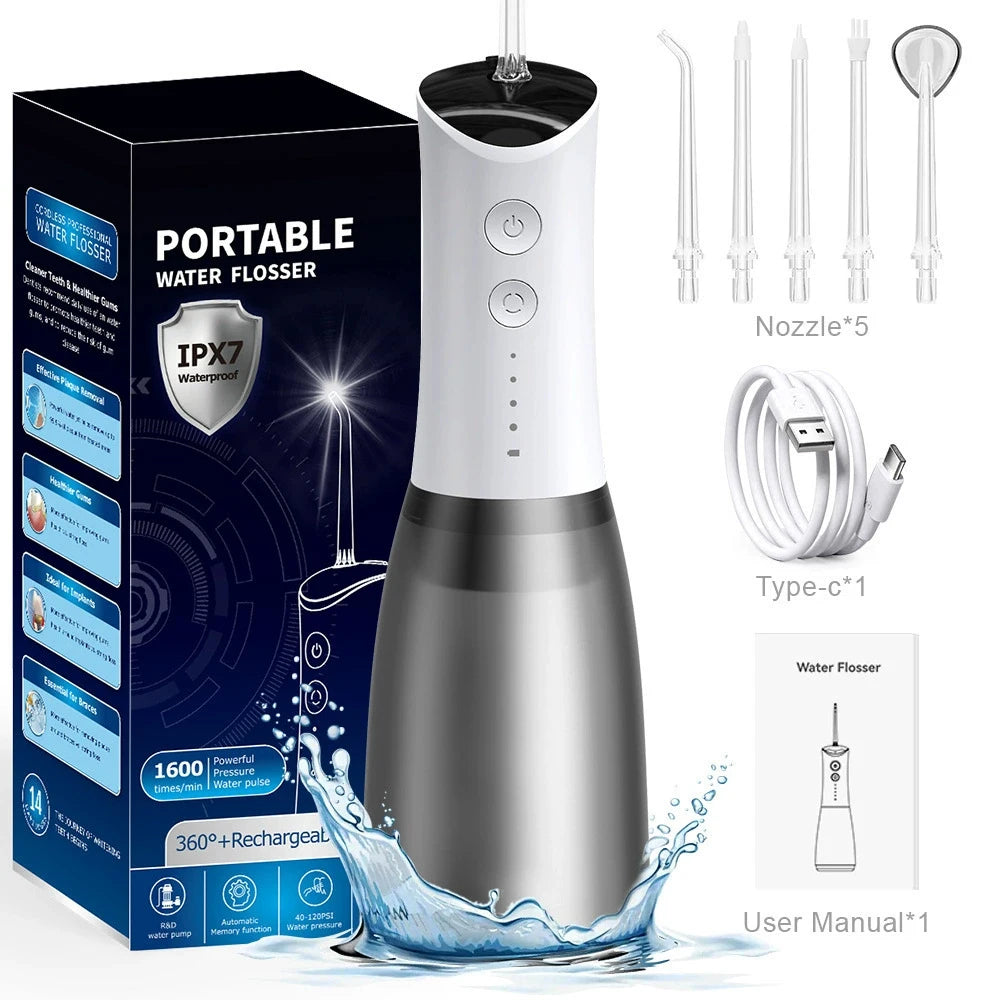 Portable Oral Irrigator Water Dental Flosser Teeth Picks Rechargeable 360ml Mouth Washing Machine 5 Nozzles Waterproof Oral Care Vue WHITE