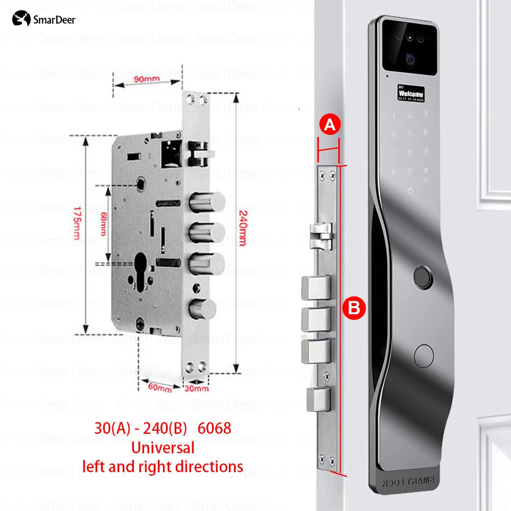 SmarDeer 3D Face Palm Vein Smart Lock Biometric Fingerprint Door Lock APP Remote Temporary Password Keyless Entry Home Security Vue 30-240(60 68)