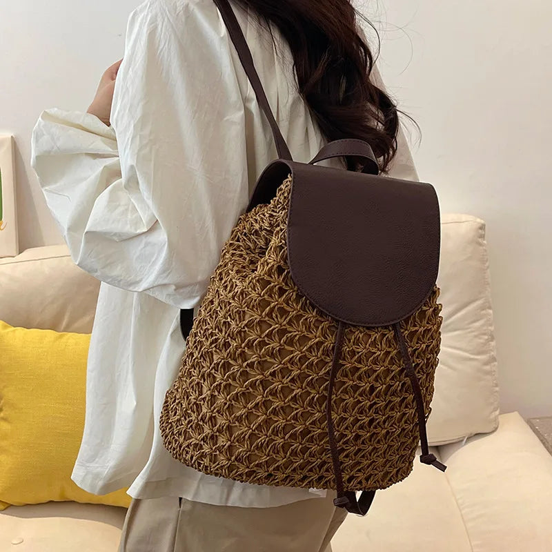 Vintage Straw Backpack Women's Fashion Shoulder Bag Versatile Woven