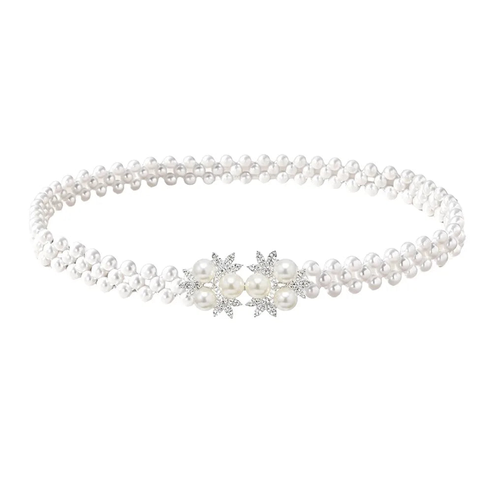 Pearl Beads Waist Chain Stretch Elastic Band Thin Narrow Waistband Vue G