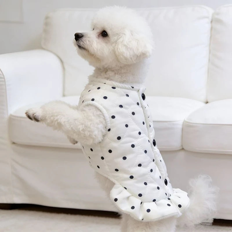 Small Dog Polka Dot Fleece Dress Cute Ruffle Warm Puppy Outfit For Bichon Teddy Pomeranian Cozy Autumn Winter Halloween Photo Vue