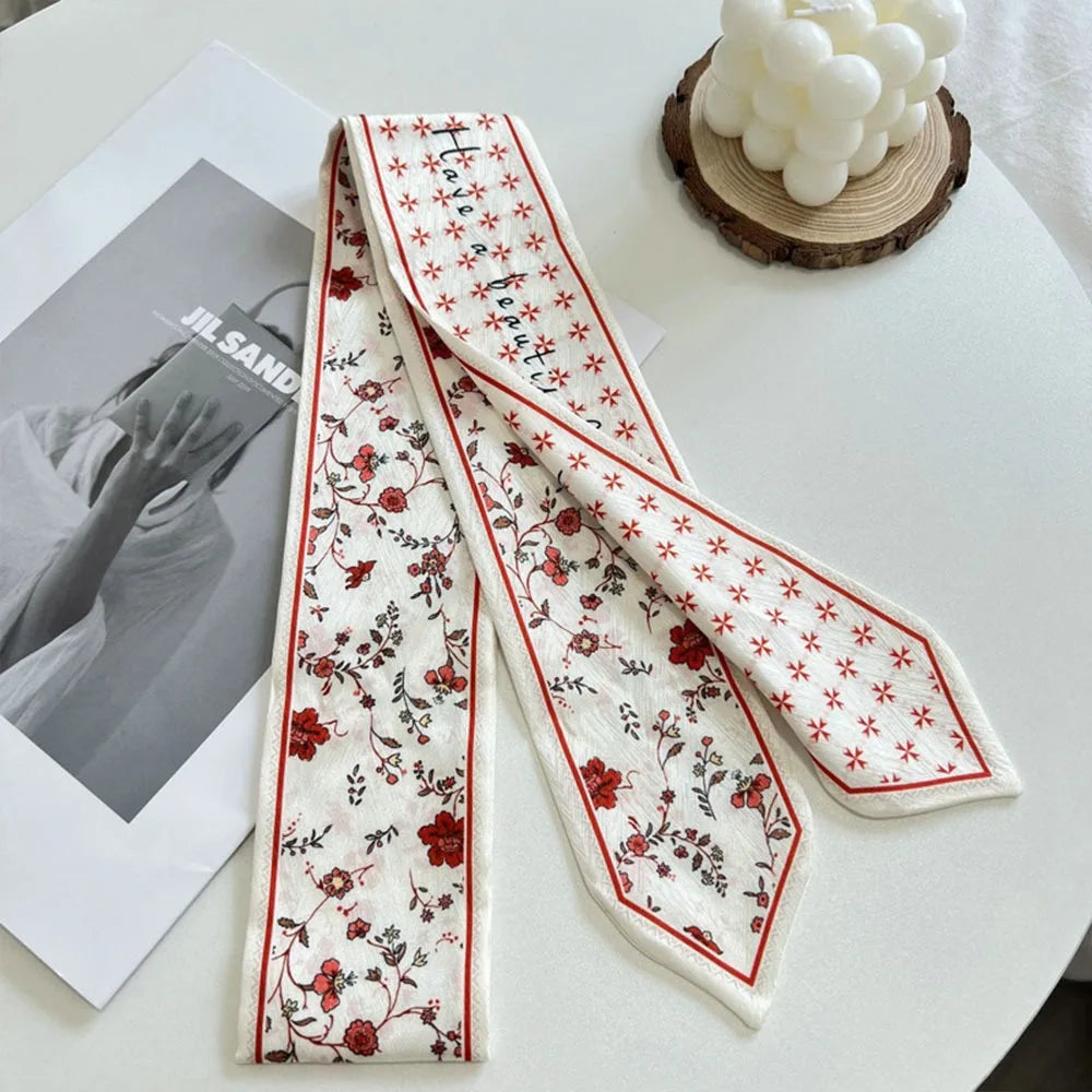 Versatile Fresh Floral Satin Silk Ribbon Scarf Women Summer Long Thin Vue 05
