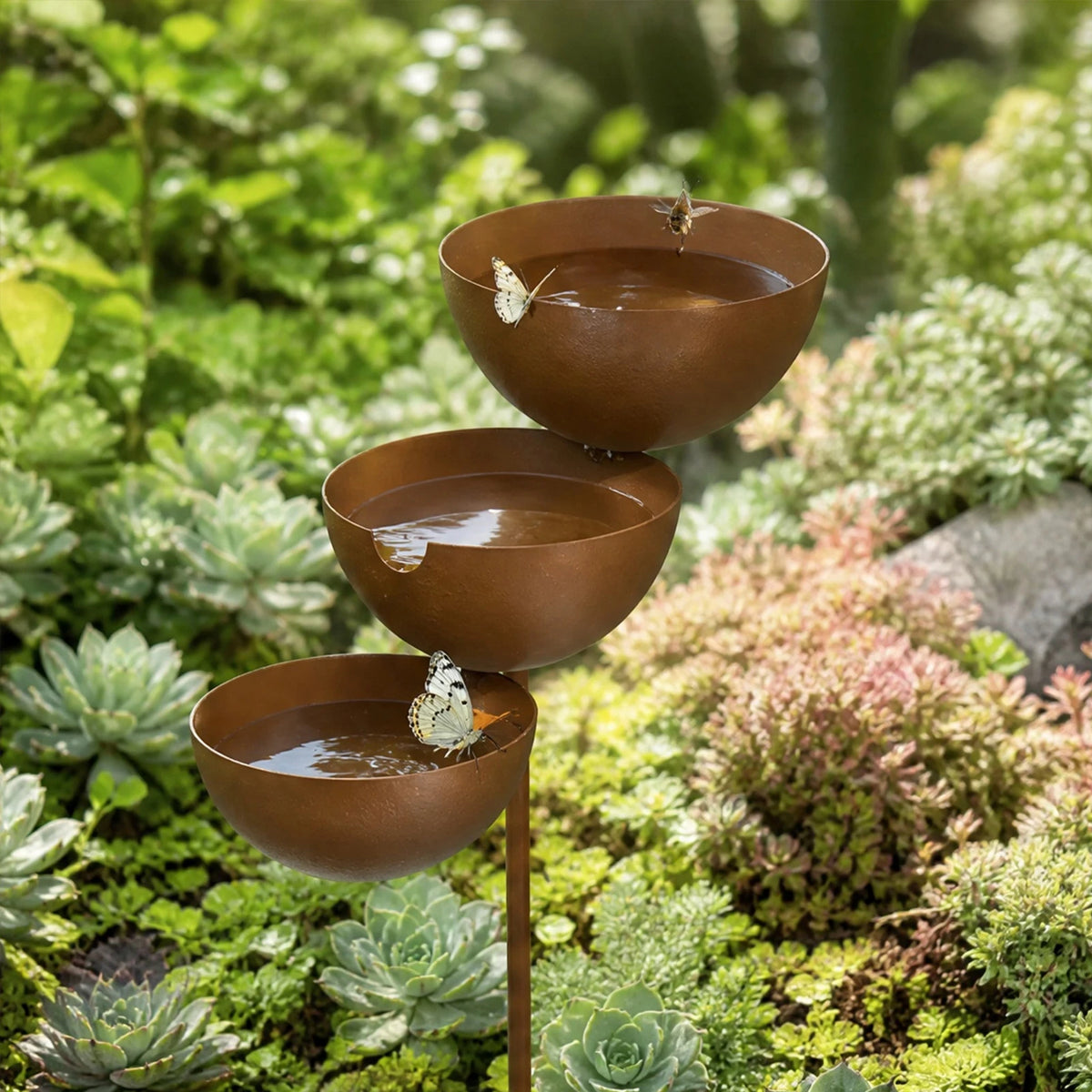 3-Layer Iron Water Bowls Garden Stake Weatherproof Vintage Birds Water Feeding Bowl for Outdoors Gardens Patio Yard Lawn Decor Vue