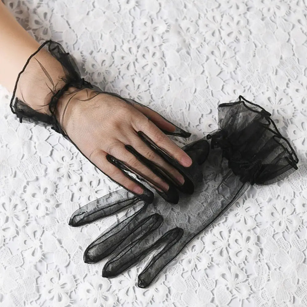 Elastic Transparent Women Tulle Gloves Ultra Thin Short Gauze Lace Vue Black