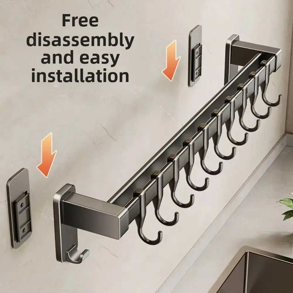 Aluminum Kitchen Organizer Hook Double Pole Non Punching Pot Lid Rack Movable Hook Wall Mounted Kitchen Utensil Organizer Vue