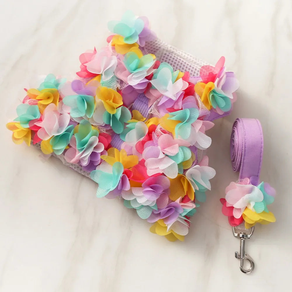 Kawaii Dog Harness Leash Set Adjustable Floral Design Pet Vest Style Harness With Leash Lace Dress Pet Chest Strap Training Use Vue Multicolor M