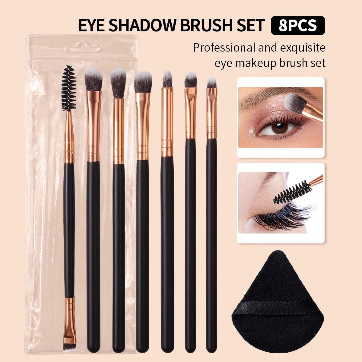 8Pcs Makeup Brushes with Triangle Powder Puff, Soft Fluffy Makeup Tools Cosmetic Eye Shadow Blending Beauty Make Up Brush Set Vue black