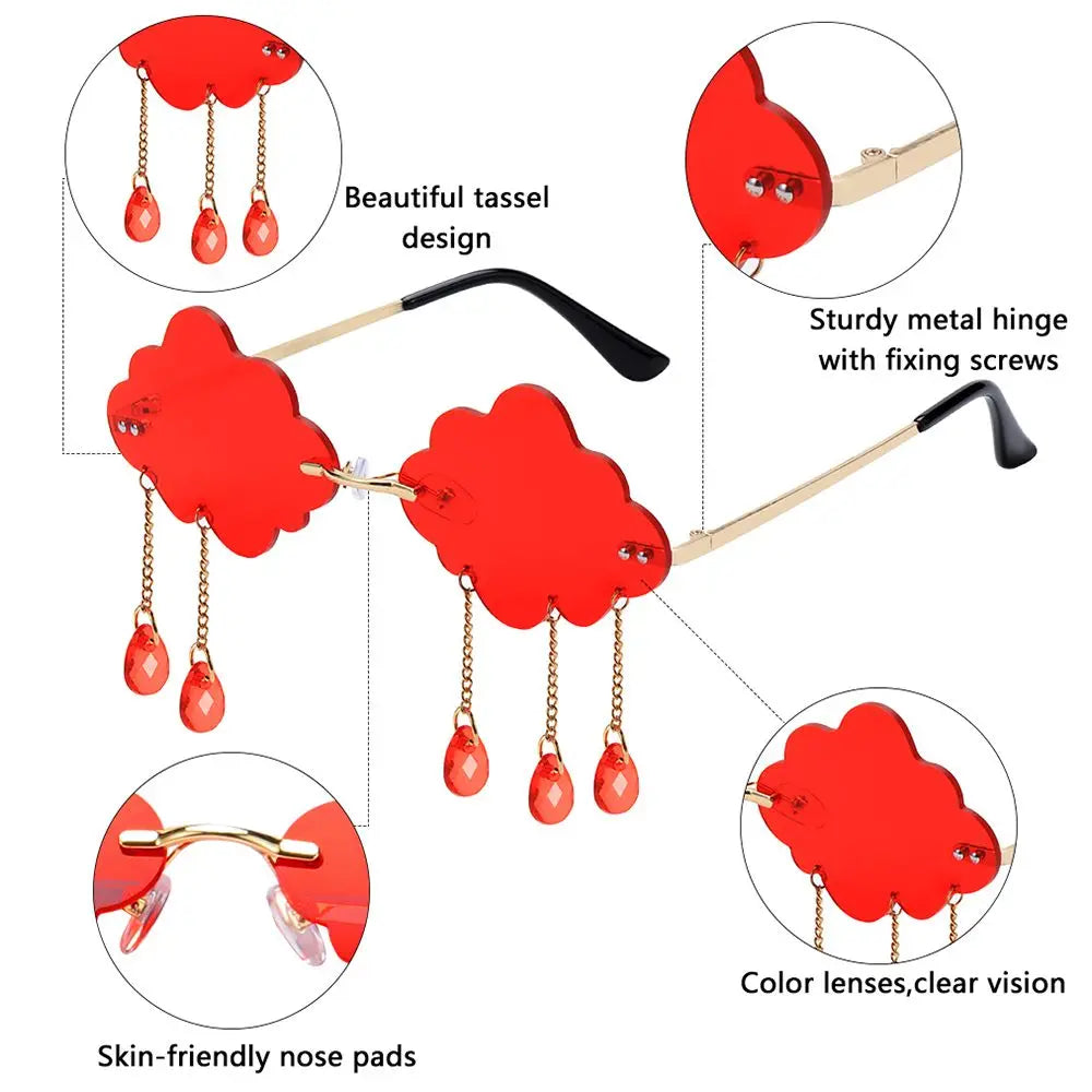 Men Women Shades UV400 Rimless Sunglasses Disco Glasses Clouds Tassel