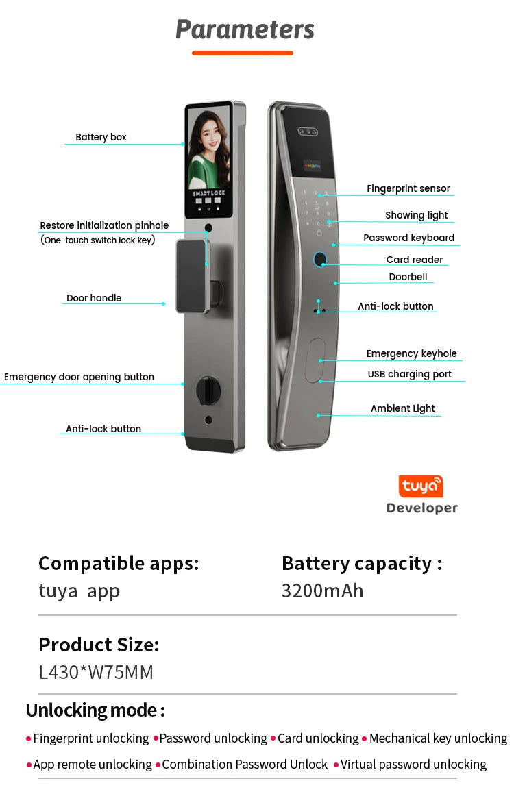 Tuya Wifi Camera Video Intercom Lock App Remote Unlocking Digital Electronic Biometrics With Screen Smart Lock Vue