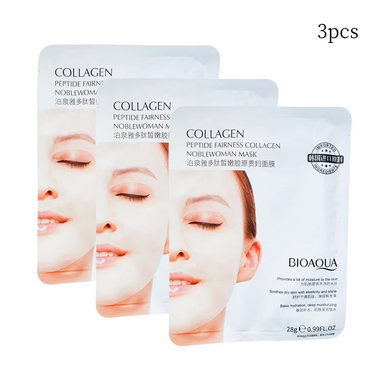 Polypeptide Collagen Noblewoman Mask, Contains Collagen, Skin-Beneficial Niacinamide, and Water-Soluble Crystal-Clear Film Material, Which Is Lubricating and Adheres Well to the Skin, Feels Watery and Translucent Upon Contact Vue 3Pcs