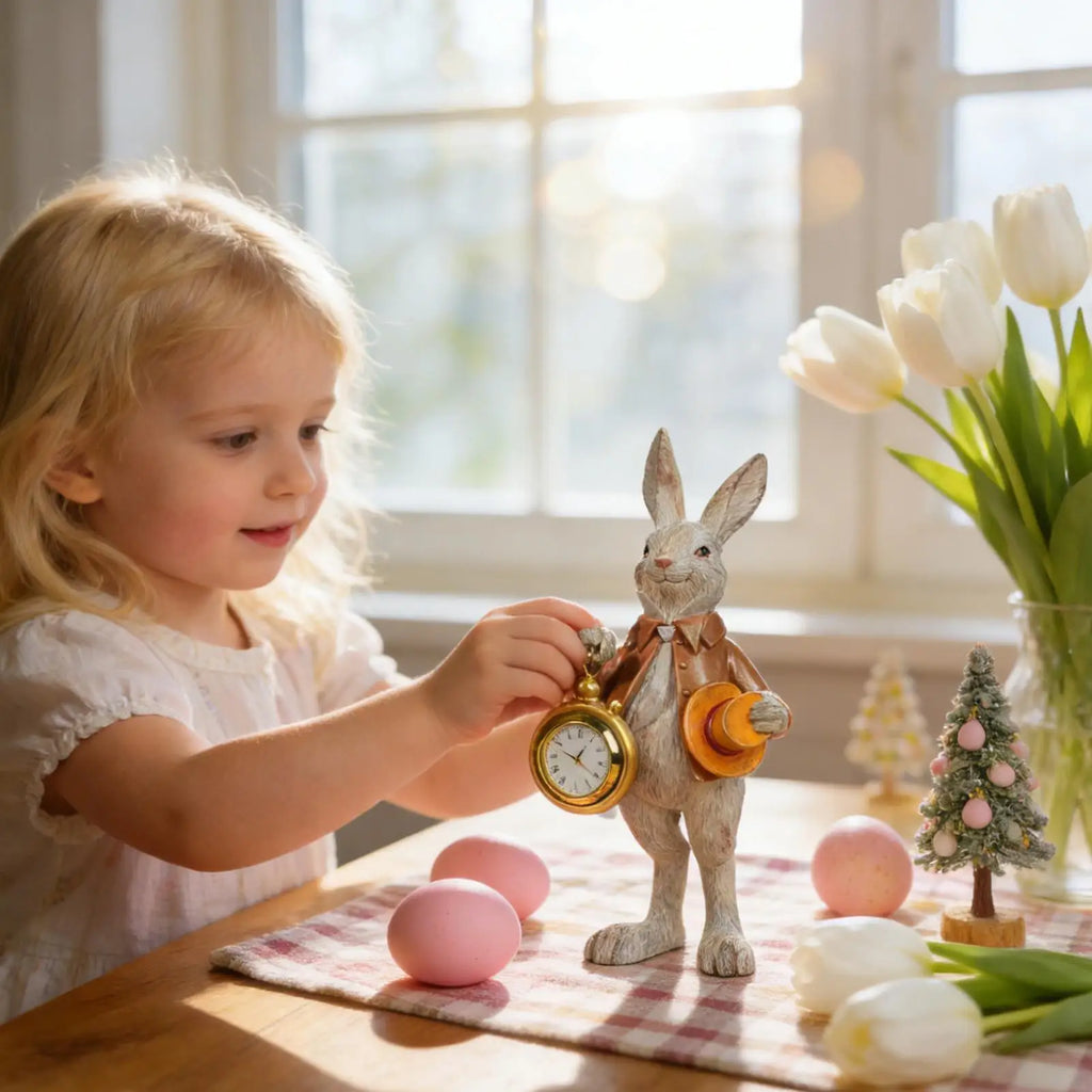 9x9x21cm Cute resin Easter Bunny Figurine with Clock & Top Hat Mini Decor for Bedroom Office Farmhouse School Home Living Room Vue