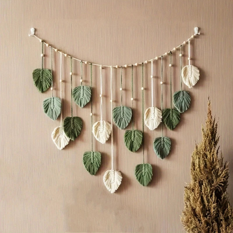 Bohemian Macrame Feather Wall Hanging Leaf Design Modern Boho Cozy For Bedroom Living Room Home Decor Gift For Women Teens Vue