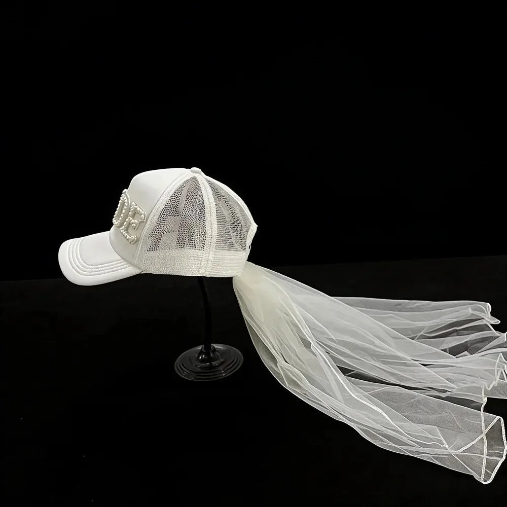 Breathable Bridal Veil Baseball Cap Romantic Solid Color Groom Hat Comfortable Adjustable Summer Baseball Cap Photo Prop Vue