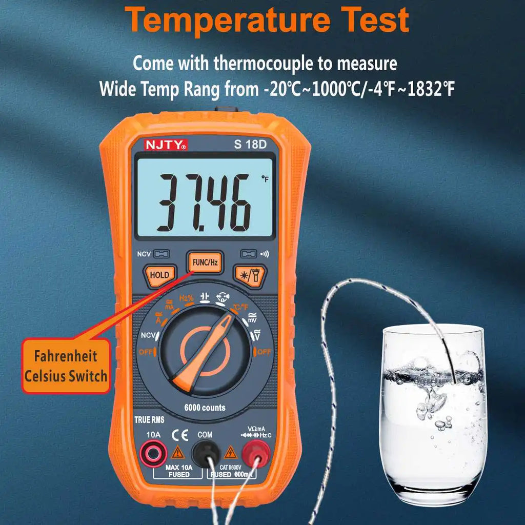 NJTY S18D/A Digital Multimeter Handheld Voltmeter Capacitance Resistance Diode Temperature Tester Backlit LCD AUTO Range AC/DC Vue
