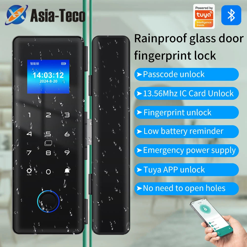 IP54 Waterproof Bluetooth Fingerprint Electronic Glass Door Lock Supports Remote Control and Tuya App Smart Door Lock Vue