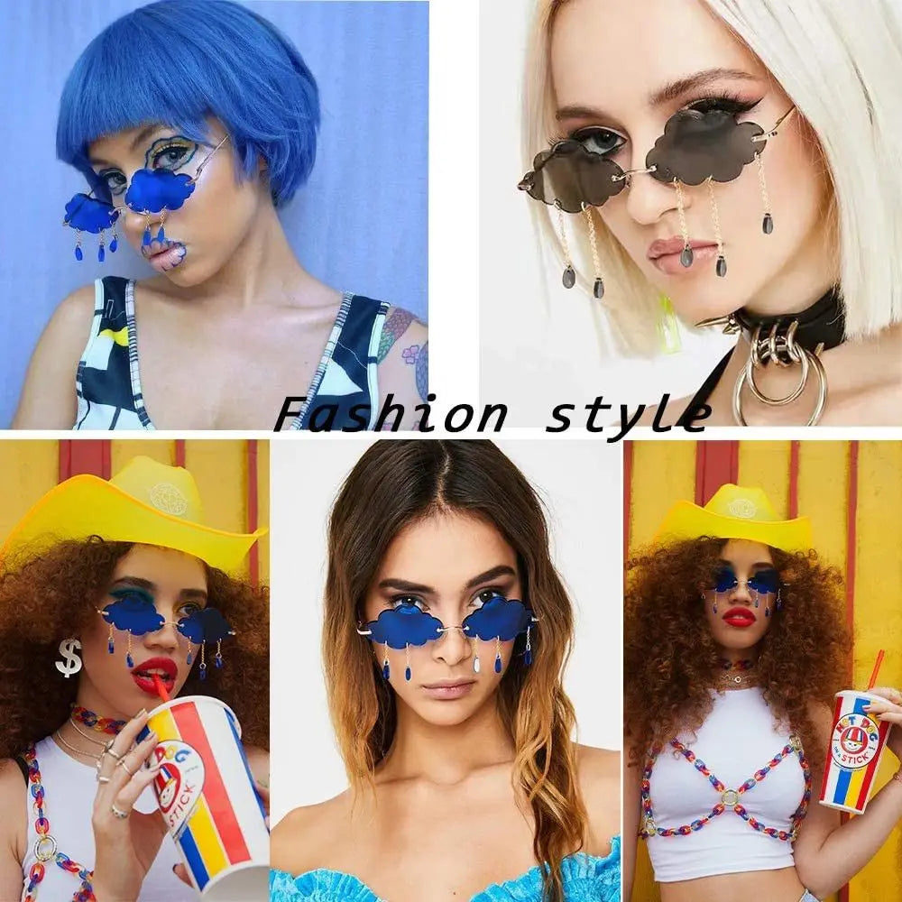 Men Women Shades UV400 Rimless Sunglasses Disco Glasses Clouds Tassel