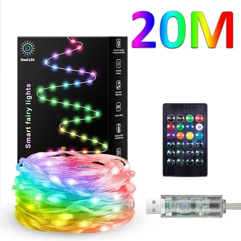 USB Smart LED String Lights RGB IC Fairy Lights Bluetooth App Control Customizable Colors Perfect for Christmas Tree Decorations Vue 20M No plug