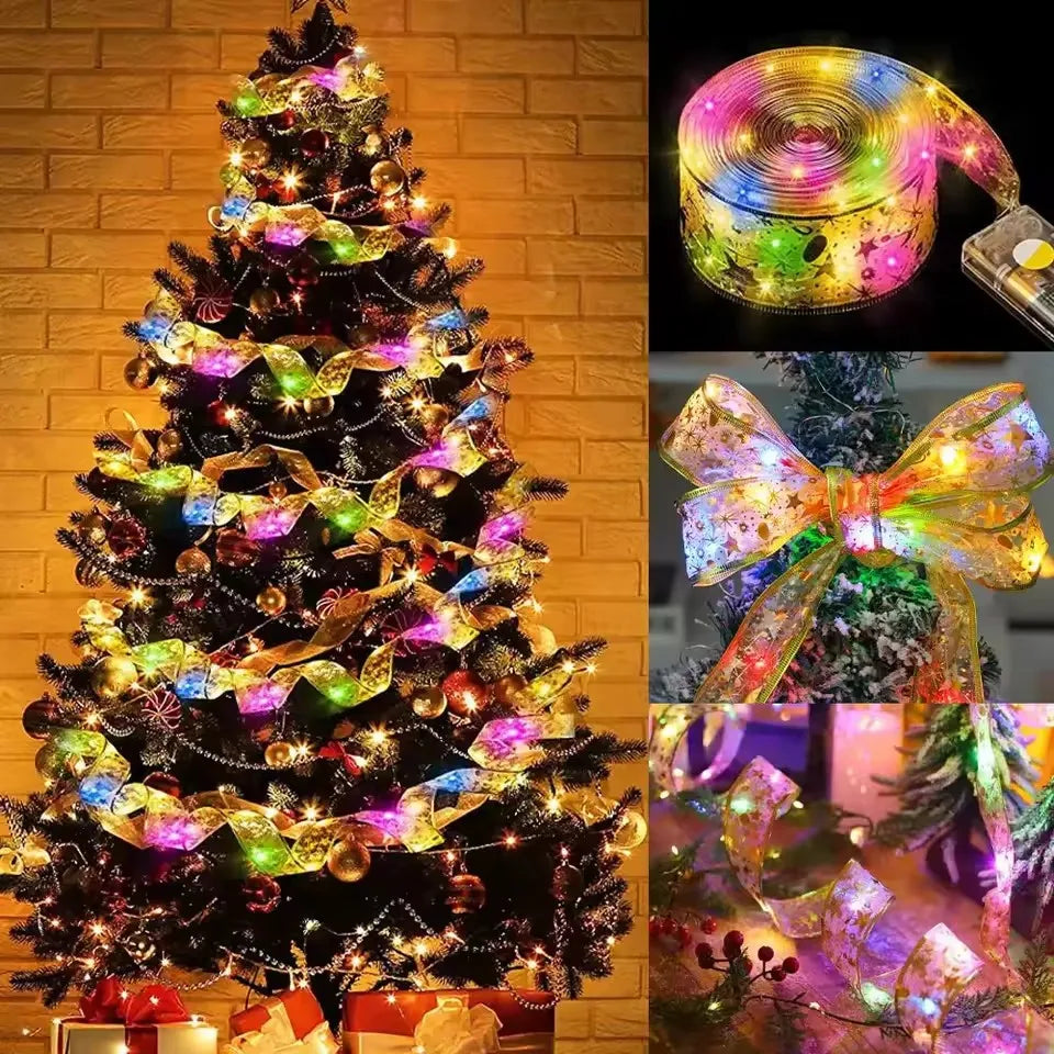 1-10M Christmas Ribbon Fairy Light Decoration For Home 2025 DIY Bows String Light Tree Ornaments Xmas Decor New Year 2026 Vue