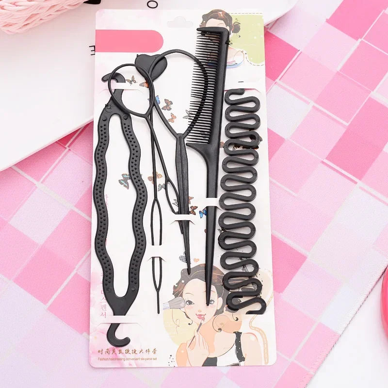 6pcs/set Hairstyle Braiding Tools Pull-through Hair Needle Hair Disk Hair Comb Hair Styling Tools Braid Hair Accessories Vue Black