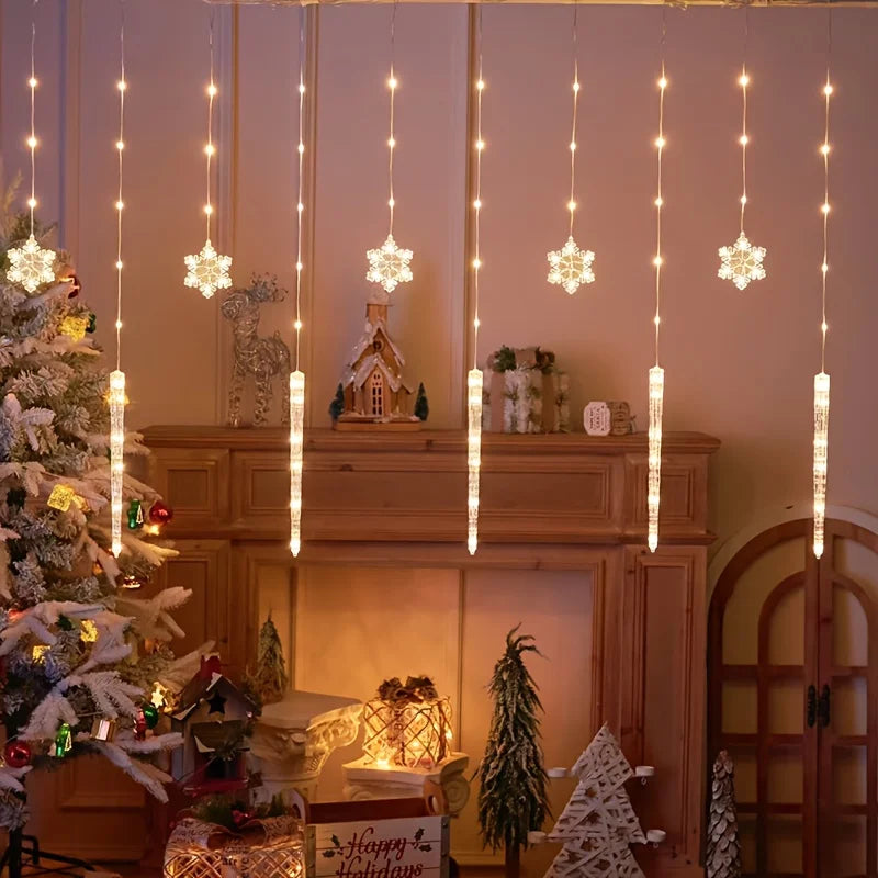 LED Christmas Icicle Snowflake Curtain Lights Indoor & Outdoor, USB Supply + Remote Control, 8 Light Modes, Easy Plug-and-Play Vue