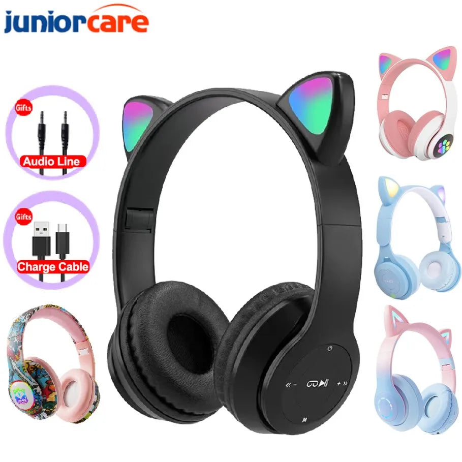 Cat Ears Headphones Flash Light Wireless With MIC Control LED Kid Stereo Cute Music Bluetooth Phone Headset Earphone Girls Gift Vue