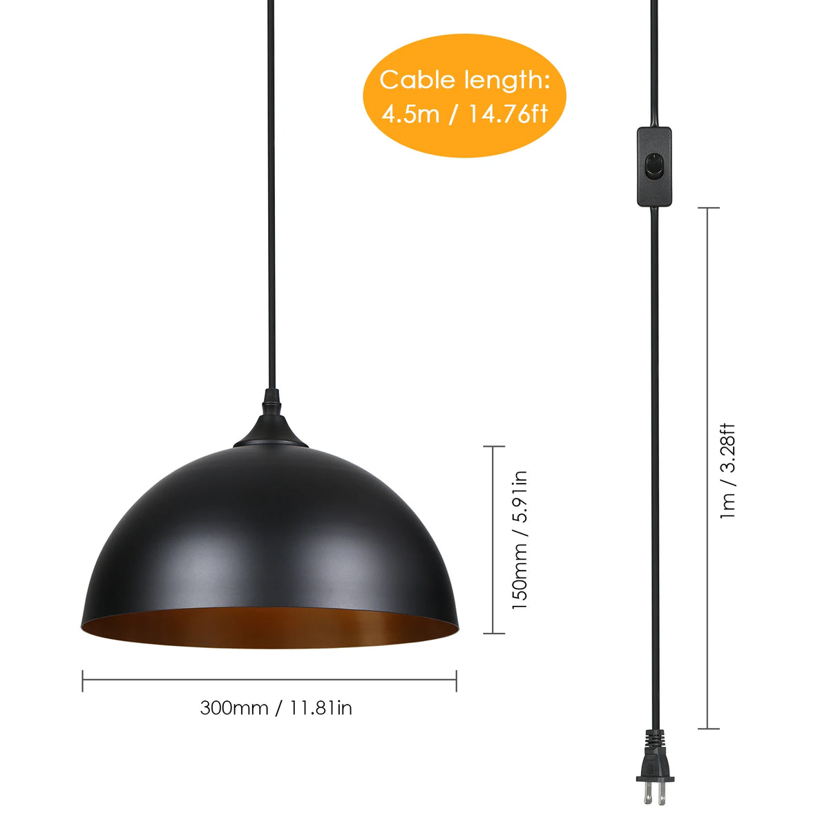 Plug-in Metal Pendants Light Black Lampshades Industrial Hanging Ceiling Lamp with 4.5m/14.76ft Cord On/Off for Living Room Vue black