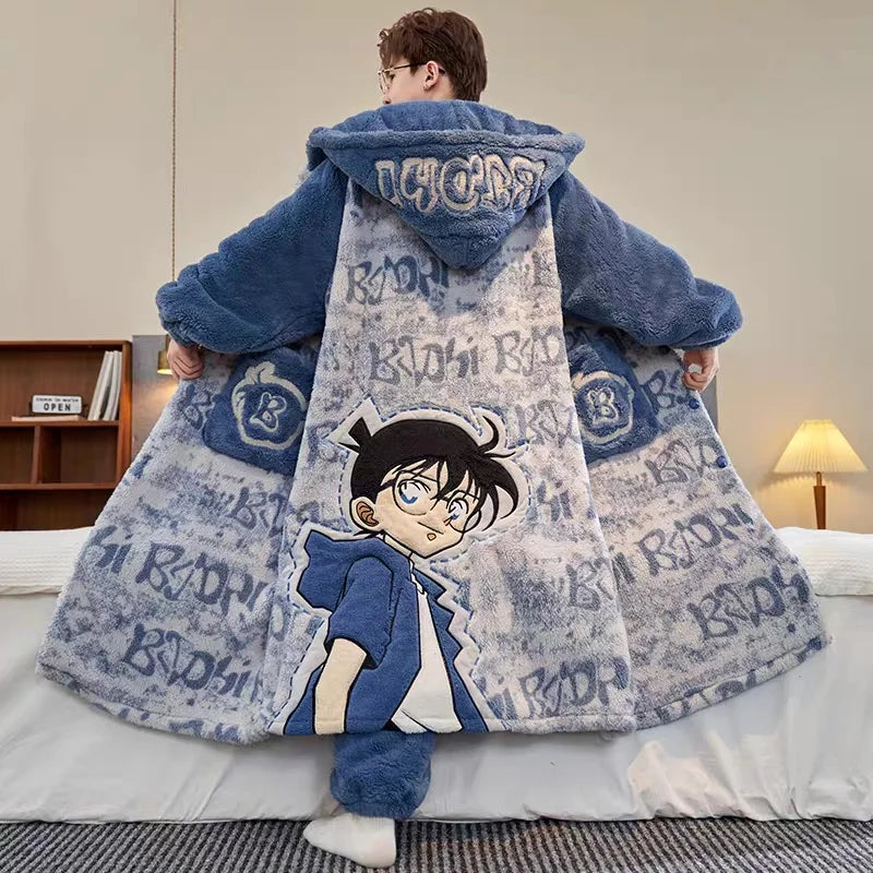 Pajamas Autumn And Winter Men'S Fleece Thickened Coral Fleece Bathrobe Cartoon Character Capybara Conan Bathrobe Set Vue