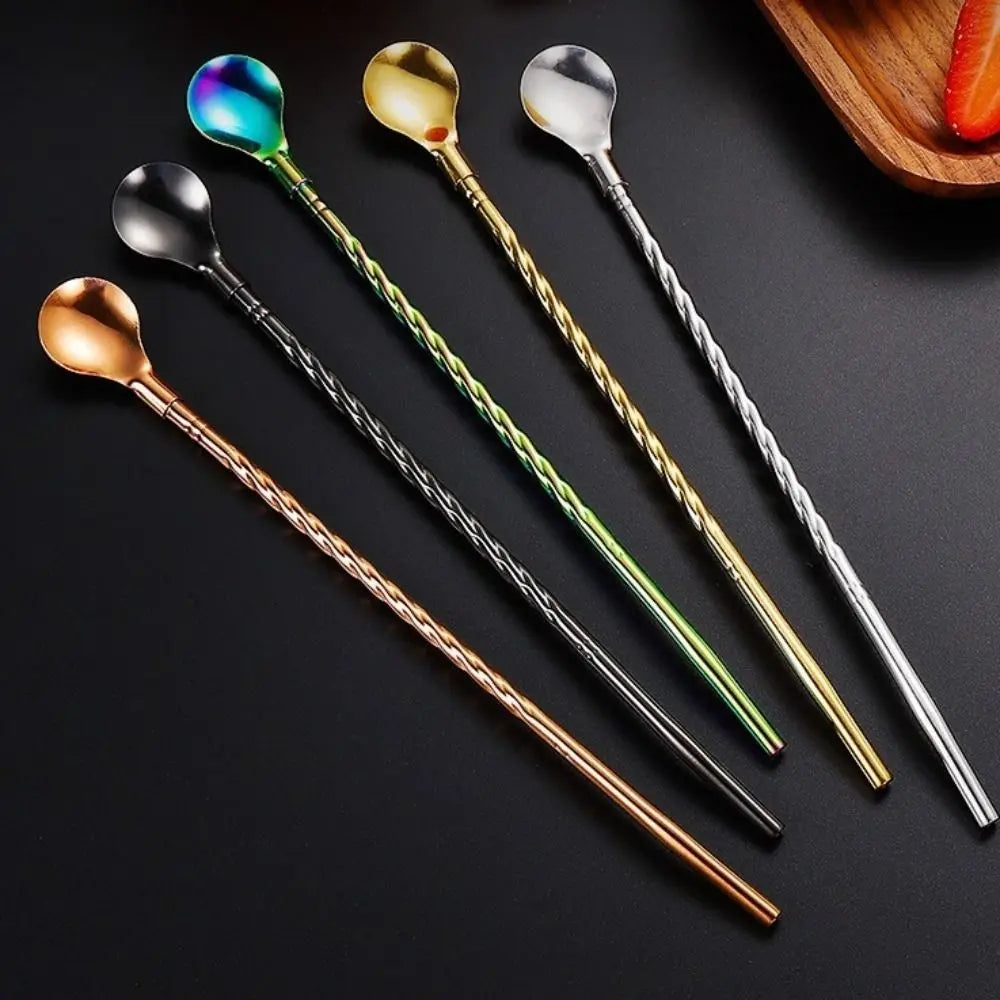 10PCS Dual-use Stainless Steel Straw Spoon Long Twisted Portable Mixing Spoon Reusable Coffee Stirring Spoon Cocktail Vue
