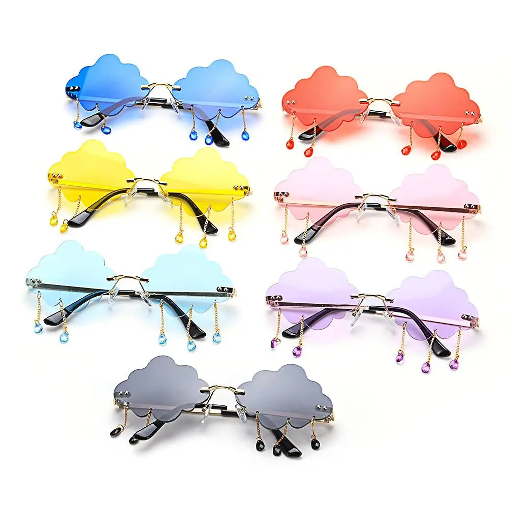 Men Women Shades UV400 Rimless Sunglasses Disco Glasses Clouds Tassel