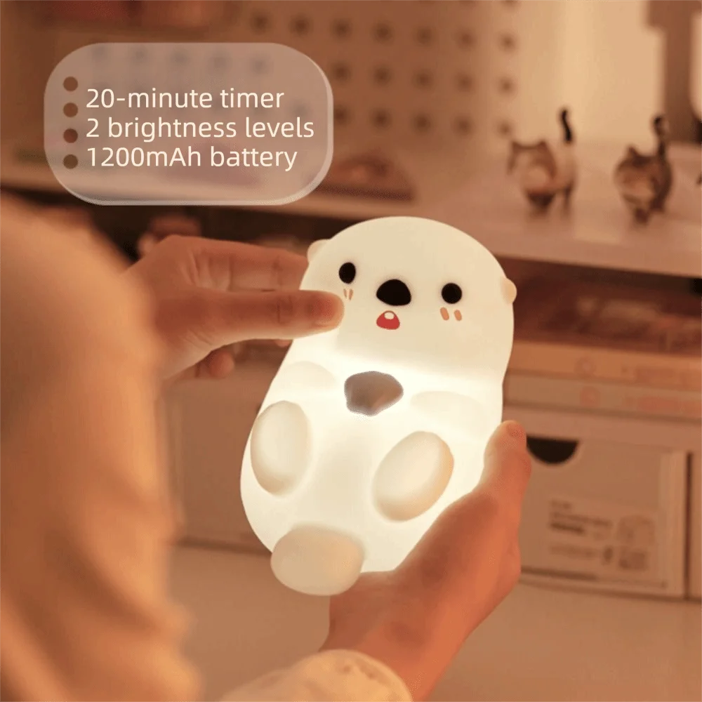 USB Rechargeable Otter Night Light Timer Adjustable Cute Silicone Bedside Lamp Rechargeable Timing Touch Control Sleep Companion Vue