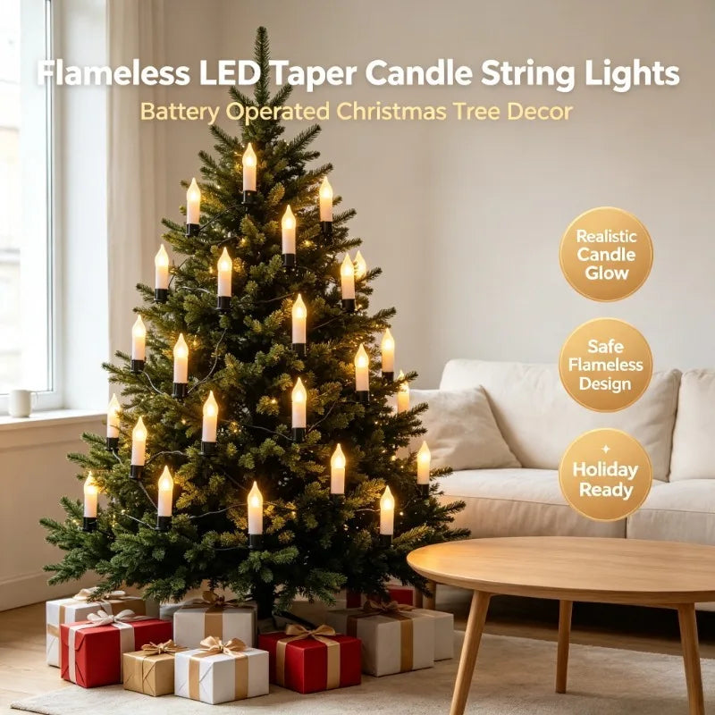 Flameless Taper Candle LED String Lights, Battery Powered Christmas Tree Decor for Home Party New Year Vue