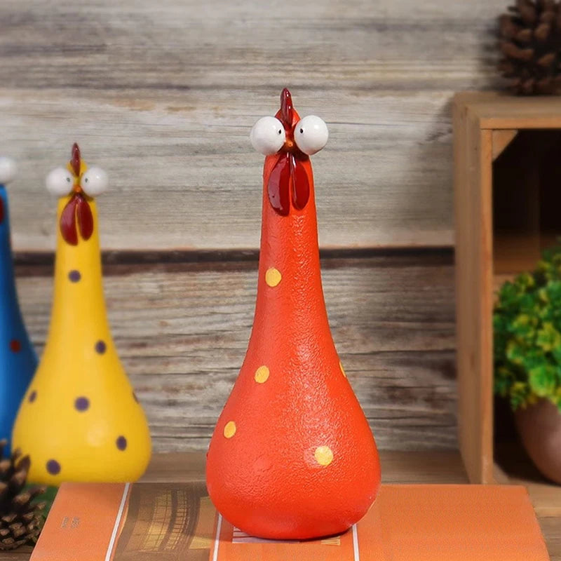 Quirky Big-eyed Chicken Figurine Colorful Polka Dot Resin Statue Long