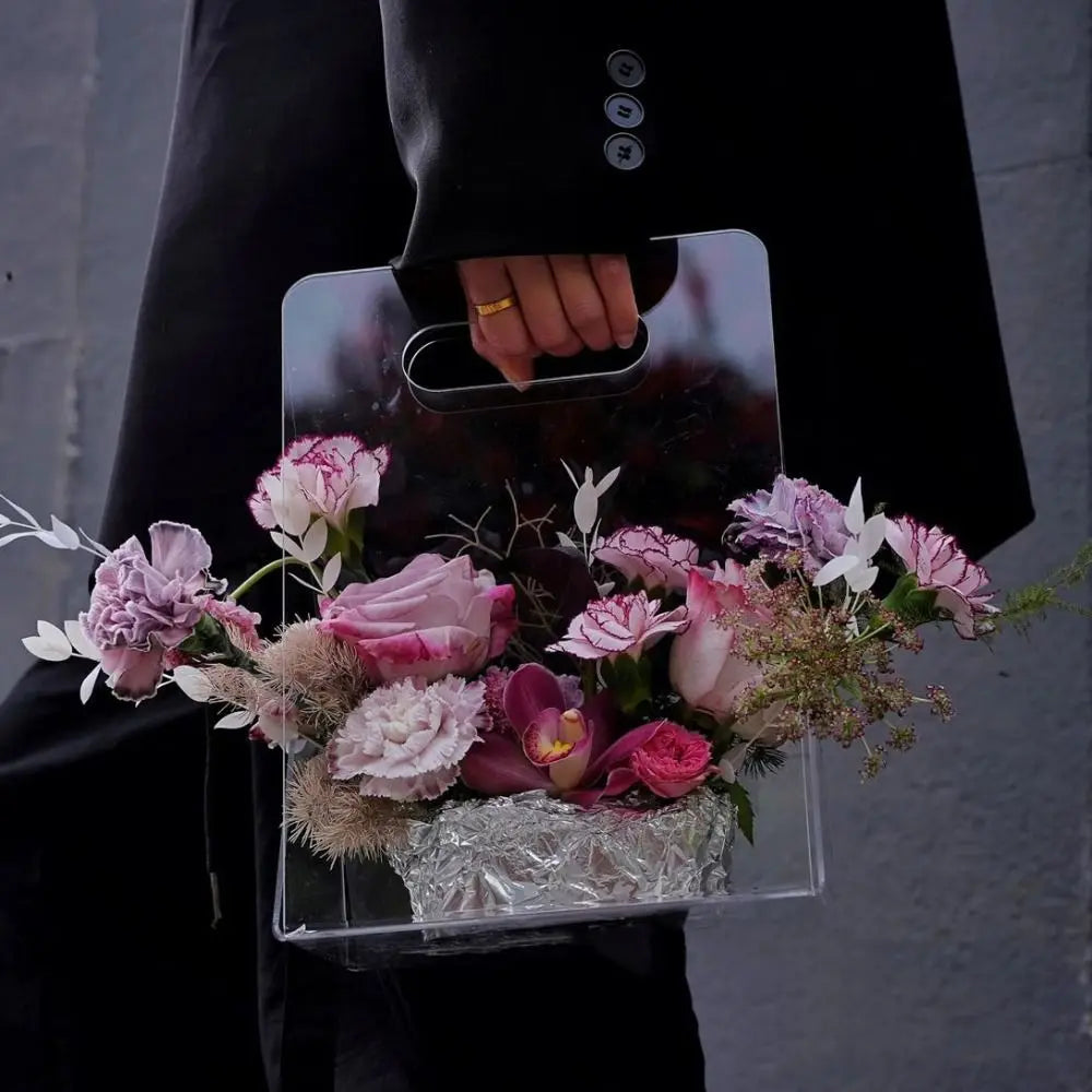 Transparent Acrylic Flower Box Reusable Hand Bag Bouquet Wrapping Bag Portable Packing Material Flower Bag Wedding Party Vue