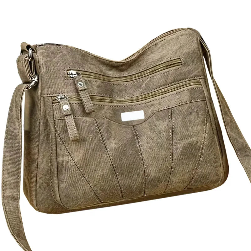 Convenient Multi-pocket Denim Shoulder Bag Smooth Metal Zippers