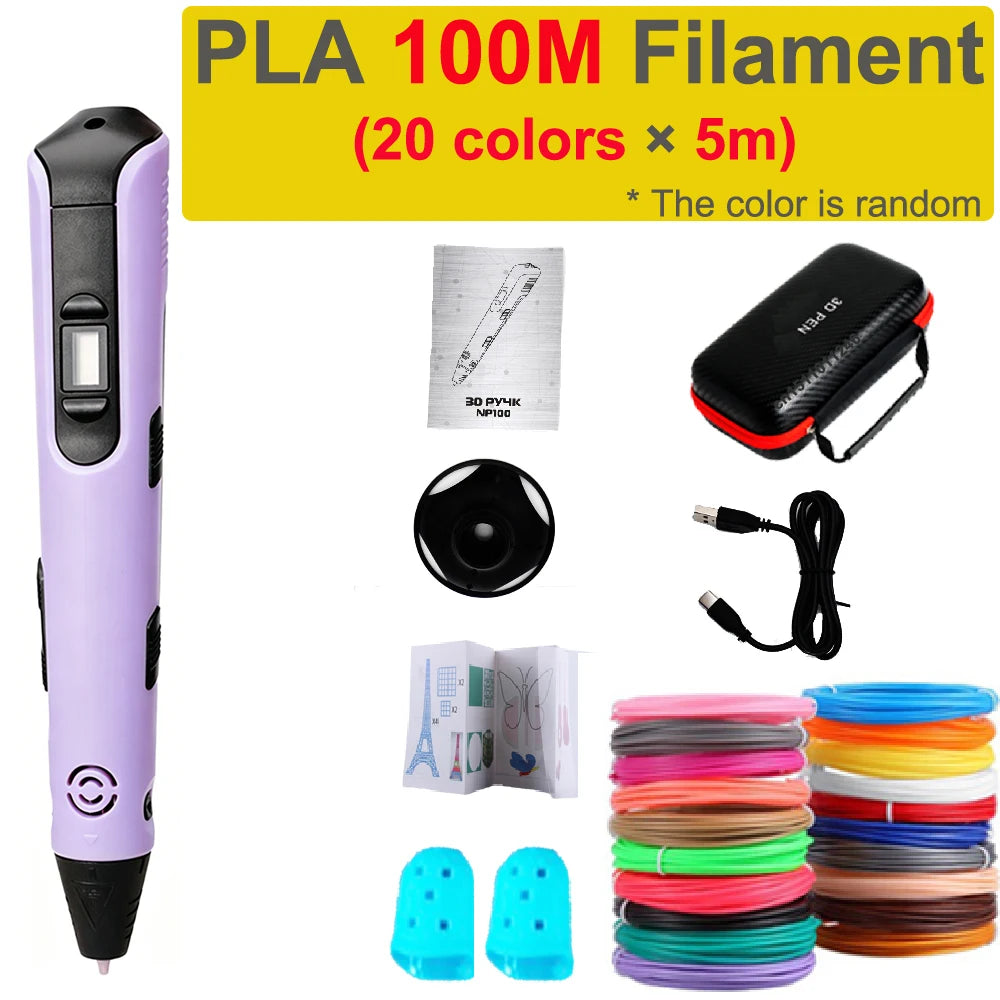 Children's 3D Pen with LCD Screen Type C Cable 1.75mm PLA Filament DIY Drawing Kids 3D Printing Pen Boys Girls Birthday Gift Vue Pueple with 100M PLA