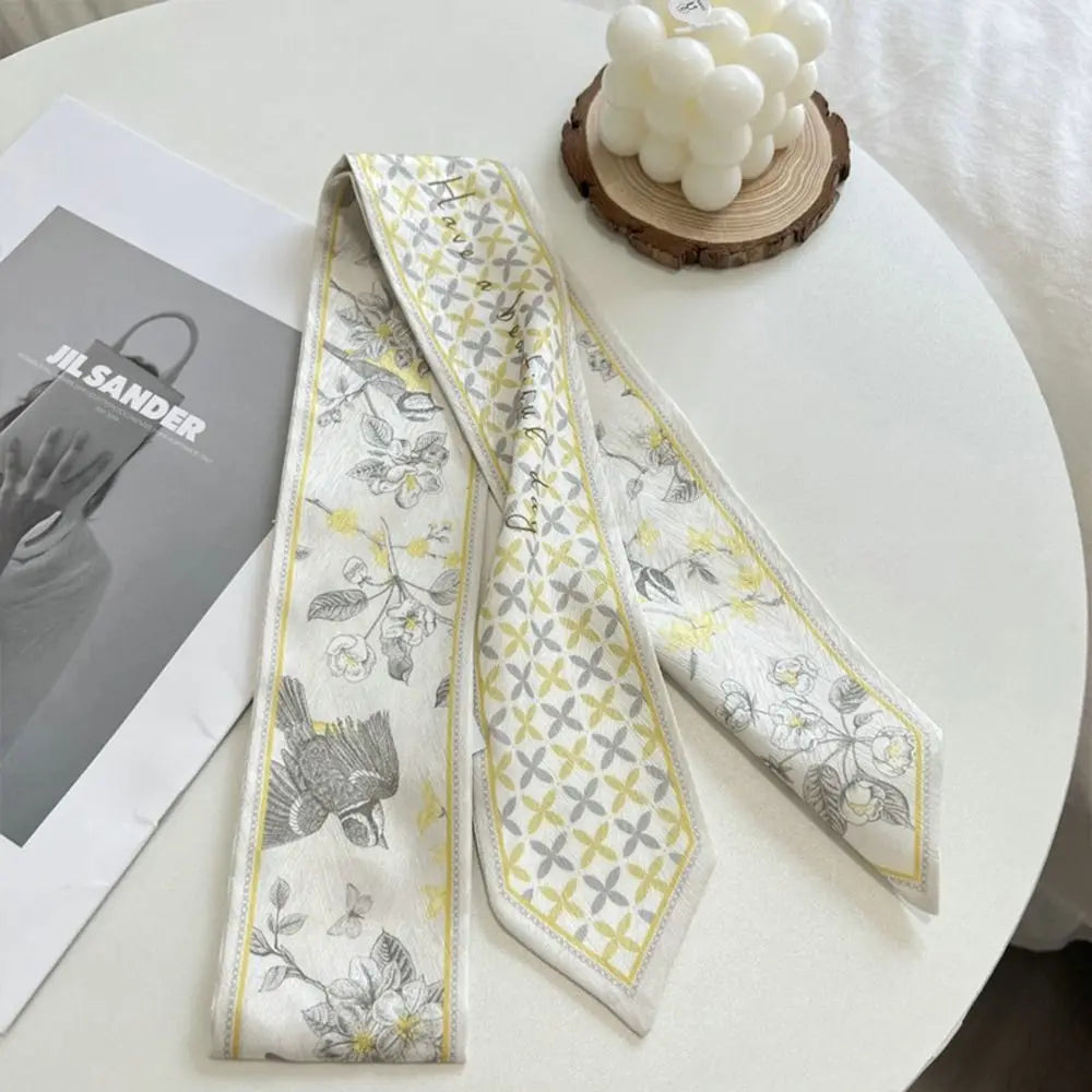 Versatile Fresh Floral Satin Silk Ribbon Scarf Women Summer Long Thin