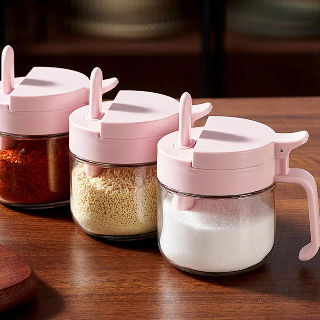 Airtight Glass Seasoning Jar Condiment Container with Spoon and Lid for Kitchen Countertop Pantry Cabinet Home Sugar Honey Vue