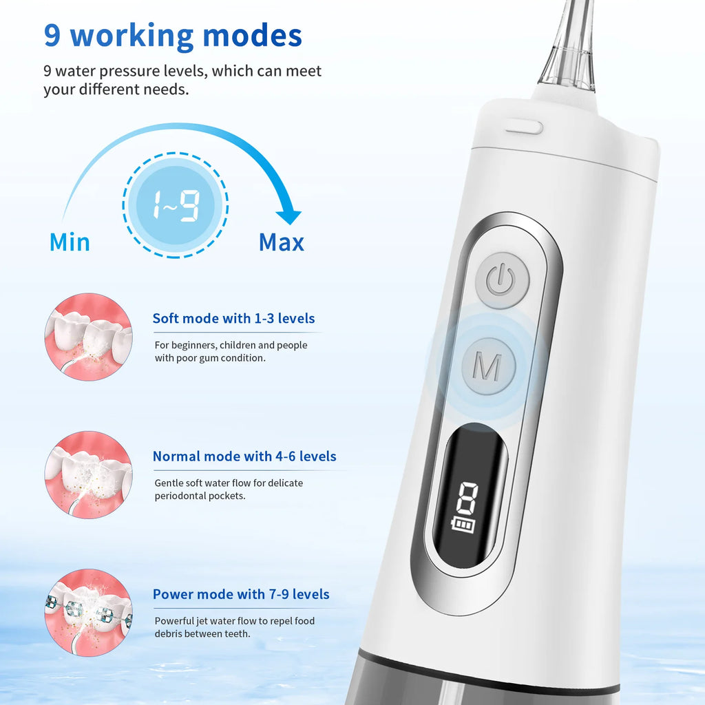 Portable Oral Irrigator Water Flosser Rechargeable USB Dental Jet with 9 Modes 300ML Tank IPX7 Waterproof Mouth Washing Machine Vue