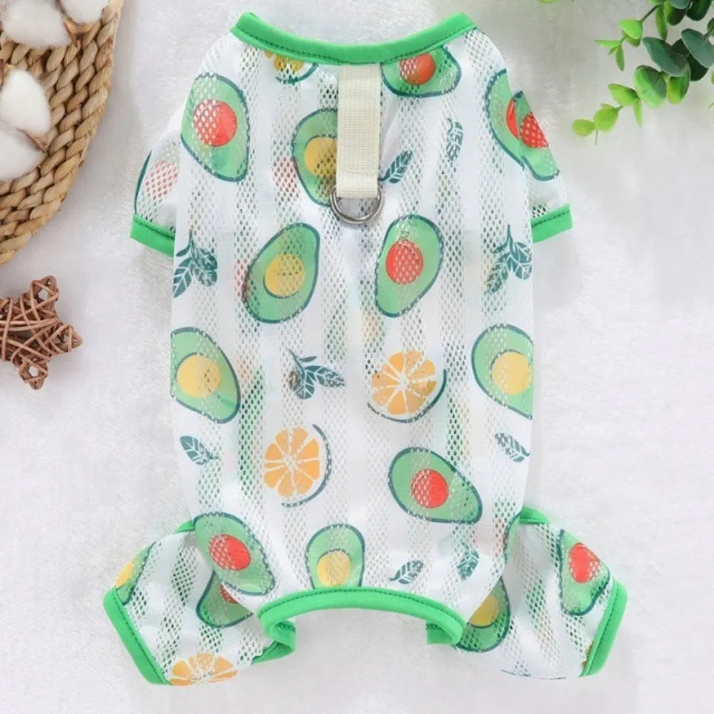 Cute Thin Breathable Pet Cooling Jumpsuit Mesh Fruit Pattern Pet Four Legged Clothes Comfortable Dog Sunscreen Clothing Outdoor Vue Green-5XL