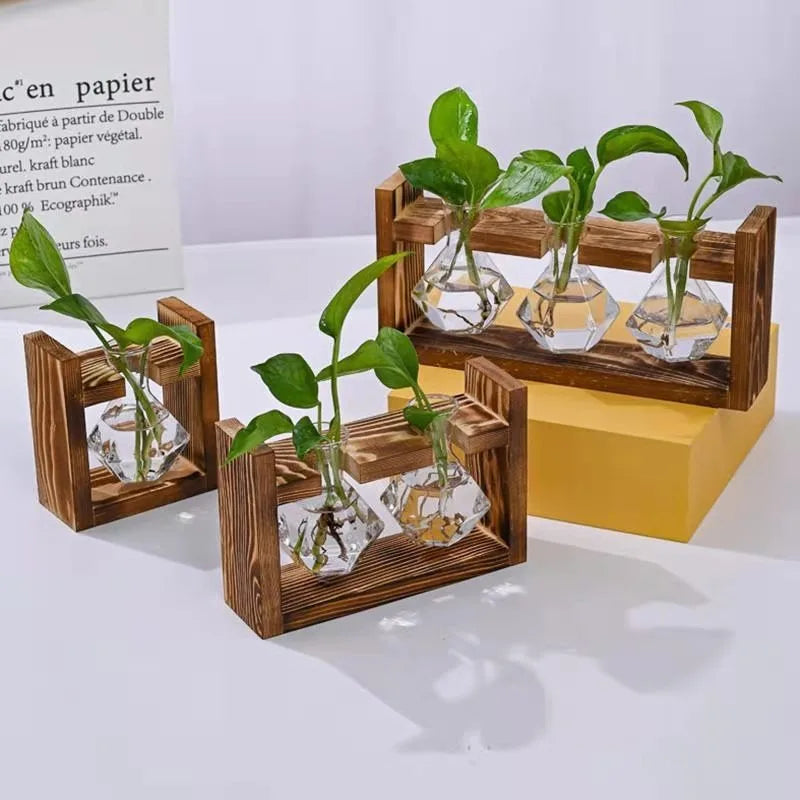 Creative Wooden Frame Hydroponic Small Vase, Green Ivy Plant, Glass Bottle Container, Home Living Room, Office Desk Decoration Vue