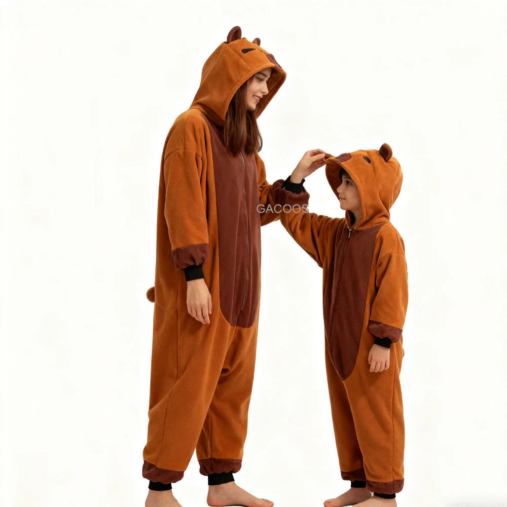 New Capybara Family Jumpsuit Onesie Adults Kids Sleepwear Boy Girls Flannel Cartoon Animal Pajamas Christmas Matching Clothes Vue Cypabara 3-4T (90-100cm)