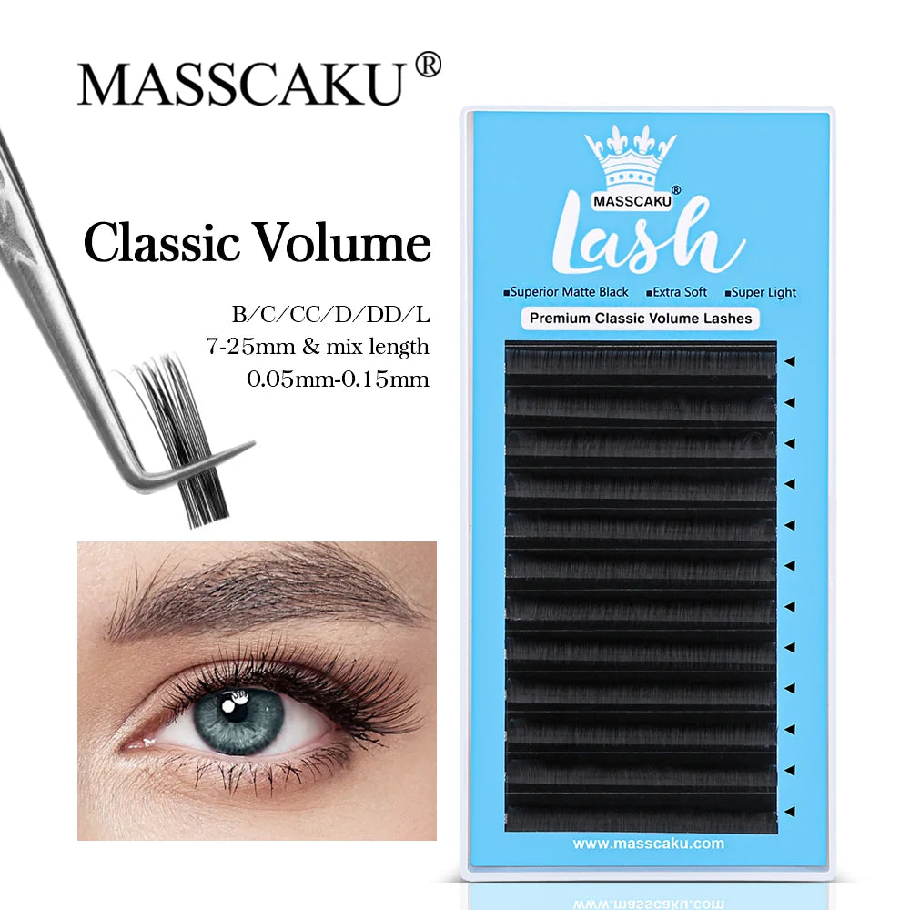 Private Label MASSCAKU Premade Russian Volume Classic Lashes Professional Mink Eyelash Extensions Individual Eyelashes Vue D 0.07mm MIX