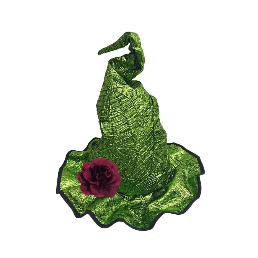 Floral Halloween Witch Hat Adjustable Twisted Wizard Cap Tall Pointed Cone Top Gothic Pointed Mage Hat Halloween Party Vue Green