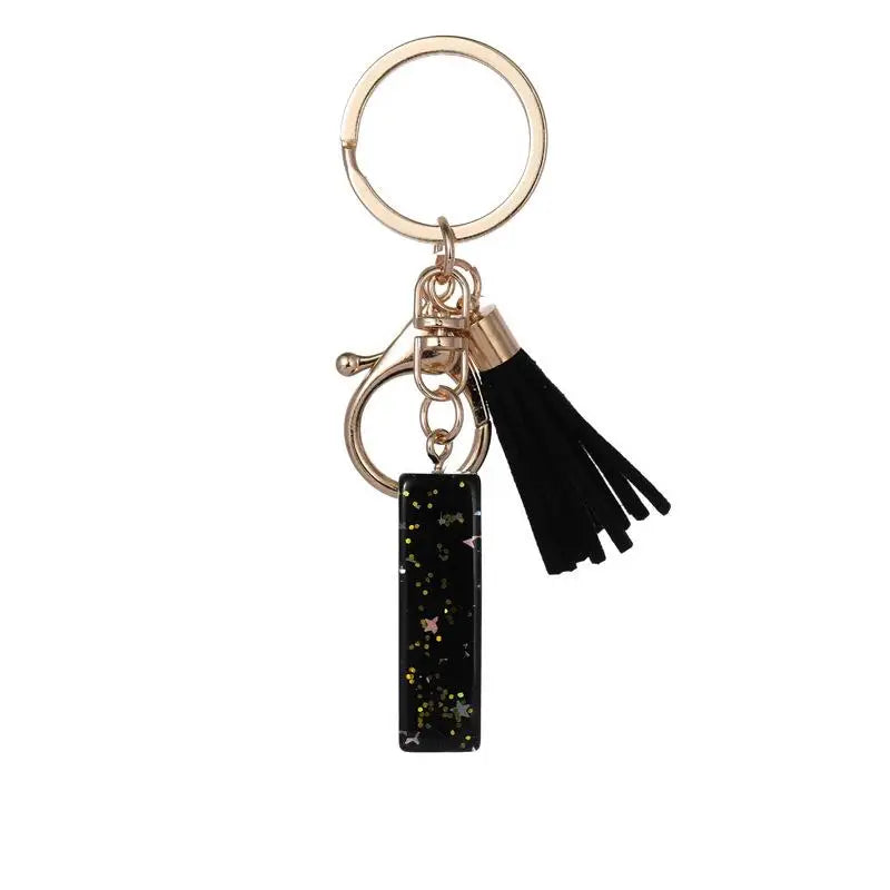 Black Glitter Star Sequins Resin 26 Letters Keychain Initials A-Z Keyring Tassel Charm Accessories Backpack Hanging Decoration Vue I