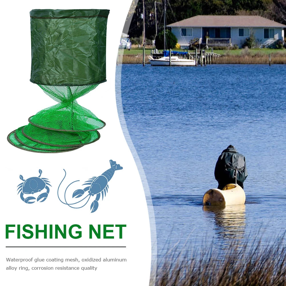 Fishing Mesh Net Foldable Fish Basket Stainless Steel Ring Fishing Trap Cage Vue