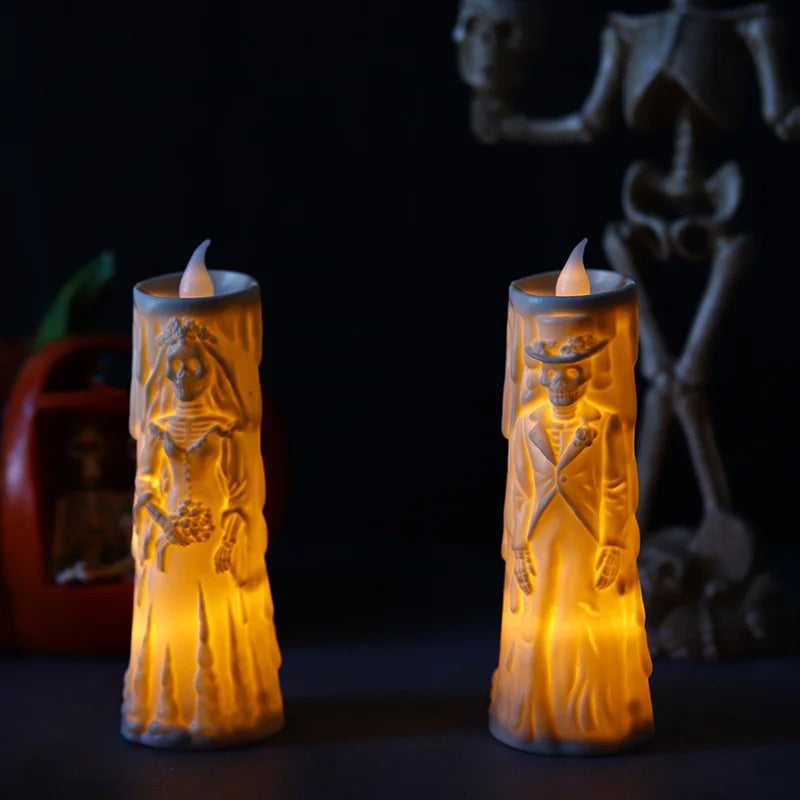 Halloween skull lights, LED glowing candles, spooky decorations, decorative props, ghost bride and groom, couple lamp ornaments Vue