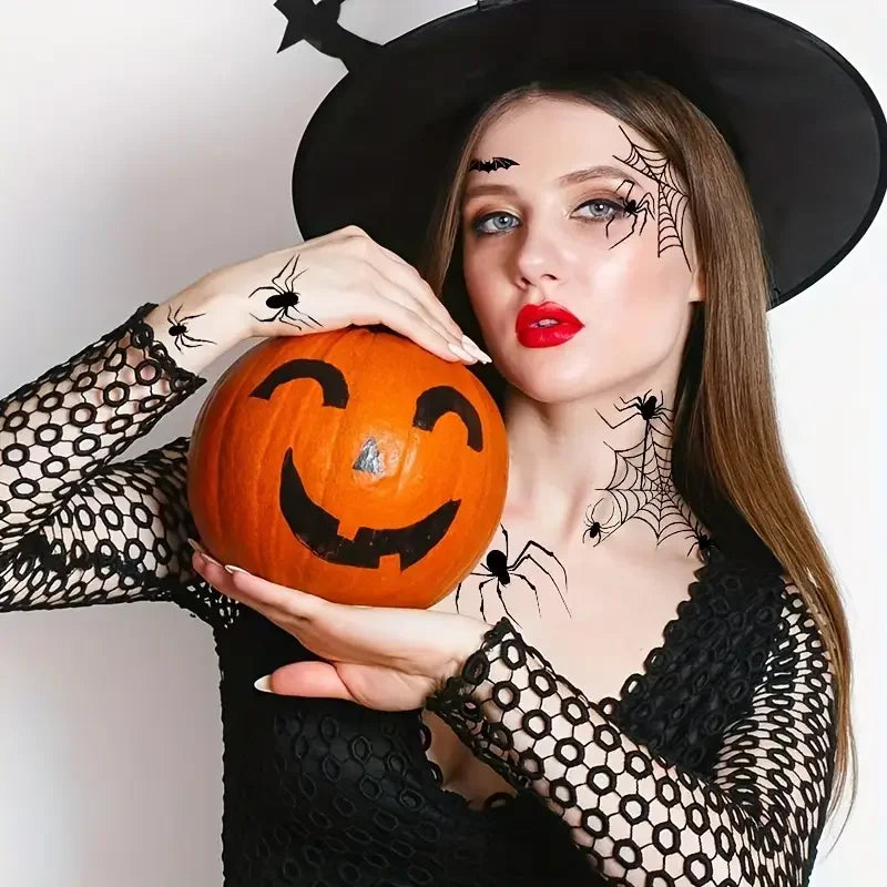 10-100PCS Halloween Scary Spider Face Tattoo Black Bat Design Temporary Body Art Sticker for Kids Adults One Time Use Waterproo Vue