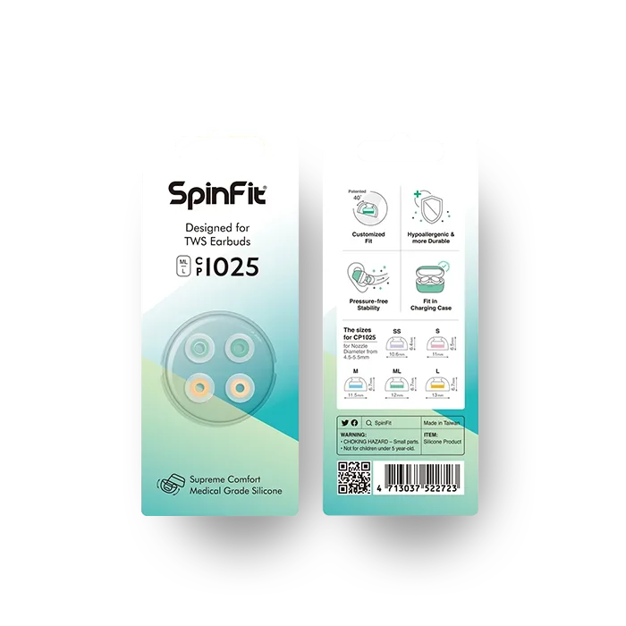 SpinFit CP1025 Silicone Ear Tips for TWS Earbuds – 2 Pairs Earbud Ear Tips Vue CP1025-L.LM (1card)