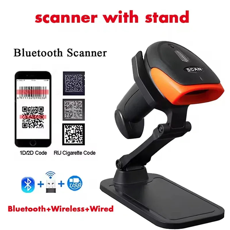 2D Handhel Barcode Scanner with Holder Portable 2.4G Wireless Bluetooth 1D 2D QR Code Reader Wired Bar Code Scanner with Stand Vue scanner with stand
